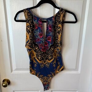 Free people Blue and Gold Patterned Bodysuit